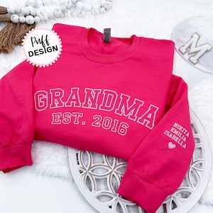 Embossed Grandma UNISEX Sweatshirt Puff Vinyl Nana Sweater With Grandkids Names on Sleeve 3D Puff Vinyl Grandma Custom Gift image 1