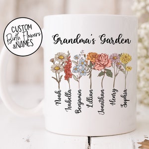 Mug Grandma's Garden avec fleurs de naissance personnalisées - Cadeau d'anniversaire de grand-mère - 11 oz et 15 oz. Mugs - Titre personnalisé - Cadeau pour la fête des Mères