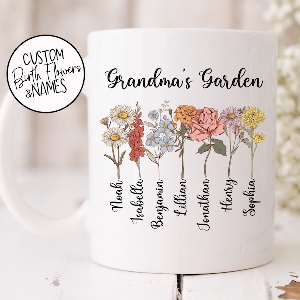 Grandma's Garden Mug with Personalized Birth Flowers - Grandma Birthday Gift - 11 oz and 15oz. Mugs - Custom Title - Mothers Day Gift