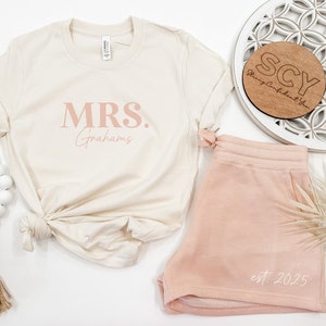 Mrs. Pj Set Shorts or Joggers matching Set Lounge Outfit New Date and Name Soft Sweatpants Unique Bridal Shower Gift Wedding Morning image 2