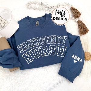 Embossed Emergency Nurse UNISEX Sweatshirt Puff Vinyl Custom Nurse Sweater With Personalized Name on Sleeve 3D Puff Vinyl Nurse Gift image 1