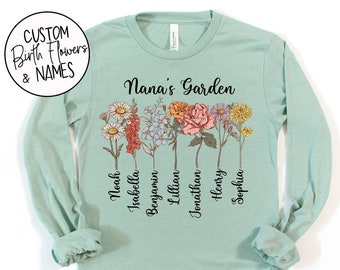 Nana's Garden Long Sleeve T-Shirt - Unique Mother's Day Gift - Grandma's Birthday Gift - Personalized Name and Birth Flowers - Abuela Gift