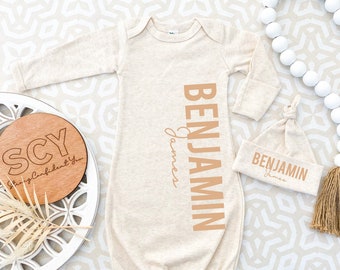 New Baby Gift - Baby Boy Coming Home Outfit with Monogram - Baby Shower Present - Oatmeal Tan Cream Baby Clothes - Babygown custom name