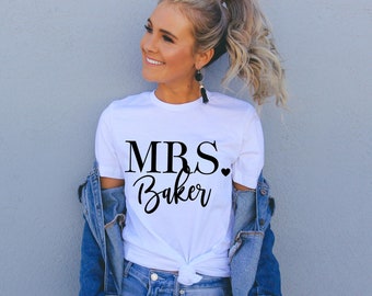 Mrs. Shirt with Name - Personalized Bride Shirt - Bridal Shower Shirt - Honeymoon Tee - Elegant Bride Shirt - Script Font - Heart Shirt