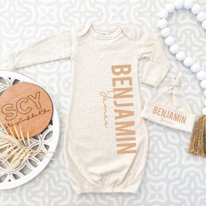 New Baby Gift - Baby Boy Coming Home Outfit with Monogram - Baby Shower Present - Oatmeal Tan Cream Baby Clothes - Babygown custom name