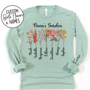 Nana's Garden Long Sleeve T-Shirt - Unique Mother's Day Gift - Grandma's Birthday Gift - Personalized Name and Birth Flowers - Abuela Gift