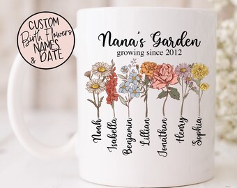 Nana's Garden Growing Since Mug with Custom Birth Flowers  - Mothers Day Gift - Unique Grandma Gift - Personalized Names Flowers Date