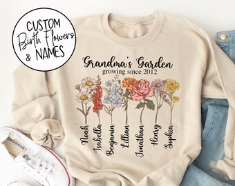 Nana's Garden with Custom Birth Flowers - Grandkids Names - Est. Date - Mothers Day Gift - Unique Mama Gift - Personalized Gift