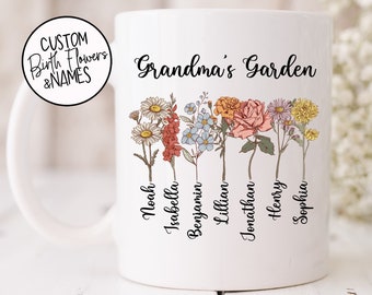 Grandma's Garden Mug with Personalized Birth Flowers - Grandma Birthday Gift - 11 oz and 15oz. Mugs - Custom Title - Mothers Day Gift