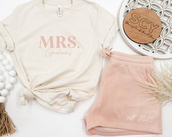 Mrs. Lounge Outfit Shorts or Joggers matching Set New Mrs. Pj Set  Date and Name Soft Sweatpants Unique Bridal Shower Gift Wedding Morning