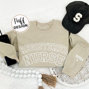 Embossed Emergency Nurse UNISEX Sweatshirt Puff Vinyl Custom Nurse Sweater With Personalized Name on Sleeve 3D Puff Vinyl Nurse Gift image 2