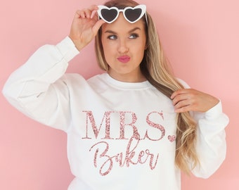 Mrs. Sweatshirt, Bride Sweatshirt, Custom Name Bachelorette Party Shirt, Bridal Shower Gift, Engagement Gift, Mrs Last Name - Personalized
