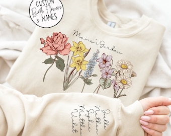 Mama's Garden with Custom Birth Flowers and Names on Sleeve - Mothers Day Gift - Unique Mommy Gift - Personalized Mama Birthday Gift