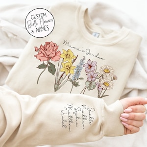 Mama's Garden with Custom Birth Flowers and Names on Sleeve Mothers Day Gift Unique Mommy Gift Personalized Mama Birthday Gift image 1