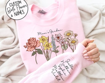 Mom's Garden with Custom Birth Flowers and Names on Sleeve - Mothers Day Gift - Unique Mommy Gift - Personalized Mama Birthday Gift