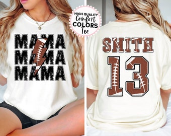 Football Mama on Comfort Colors® Unisex Crewneck T-shirts - Personalized Name and Number - Football Season Shirt - Gift For Football Fan
