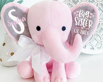 Big Sister Gift Stuffed Elephant - Big Sister Pregnancy Announcement - Gift For Sibling From Baby - Name Monogram Stuffed Elephant