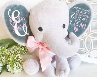 Birth Announcement Gift for Baby, Elephant Stuffed Animal Personalized Name Newborn Gift, Baby Keepsake with Birth Stats, Baby Shower Gift
