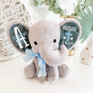 Baby Boy Baptism Stuffed Elephant Keepsake Gift - Gift From Godparents - Personalized Christening Gift - Blessing Monogram Dedication Gift