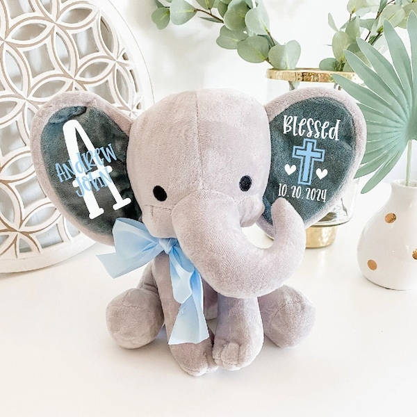 Baby Boy Baptism Stuffed Elephant Keepsake Gift - Gift From Godparents - Personalized Christening Gift - Blessing Monogram Dedication Gift