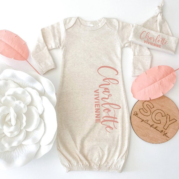 Baby Girl Coming Home Outfit, Custom Name Baby Gown, Baby Shower Gift, Personalized Newborn Girl Clothes, Monogrammed Baby Hat With Name