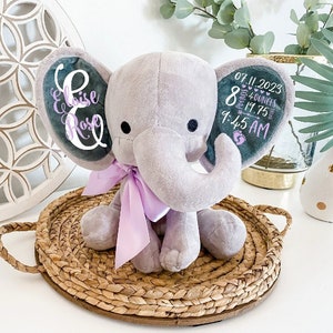 Birth Announcement Gift for Baby, Elephant Stuffed Animal Personalized Name Newborn Gift, Baby Keepsake with Birth Stats, Baby Shower Gift image 1