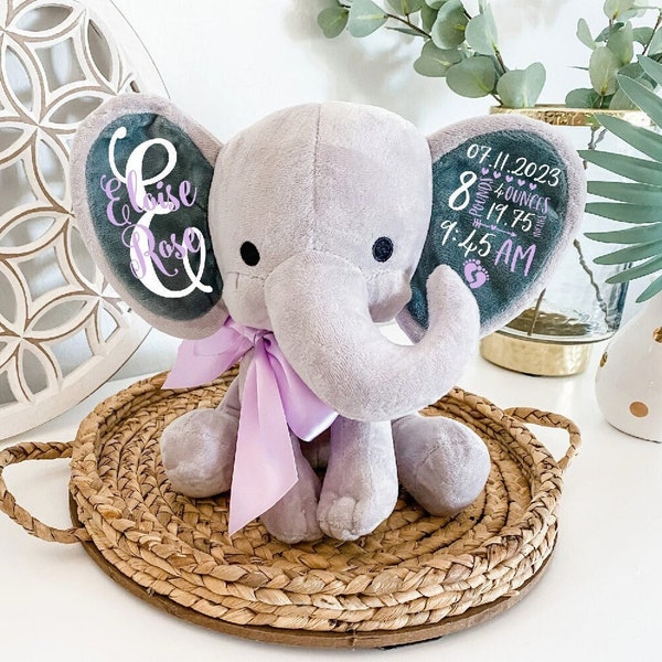 Birth Announcement Gift for Baby, Elephant Stuffed Animal Personalized Name Newborn Gift, Baby Keepsake with Birth Stats, Baby Shower Gift