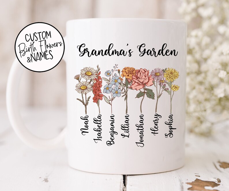 Grandma's Garden Mug with Personalized Birth Flowers Grandma Birthday Gift 11 oz and 15oz. Mugs Custom Title Mothers Day Gift image 1