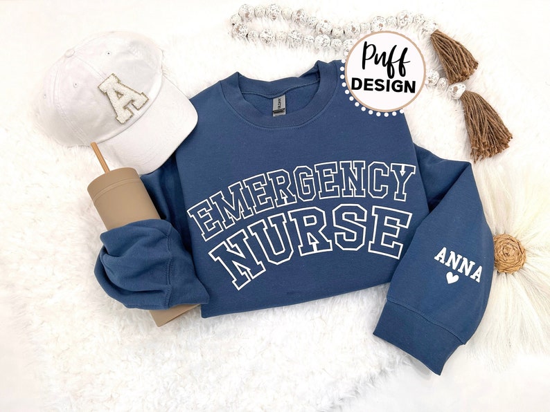 Embossed Emergency Nurse UNISEX Sweatshirt Puff Vinyl Custom Nurse Sweater With Personalized Name on Sleeve 3D Puff Vinyl Nurse Gift image 1