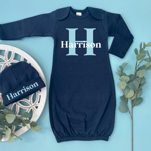 Baby Boy Coming Home Outfit, Custom Name Baby Gown, Baby Shower Gift, Personalized Newborn Boys Clothes, Monogrammed Baby Hat With Name image 1