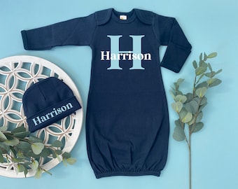 Baby Boy Coming Home Outfit, Custom Name Baby Gown, Baby Shower Gift, Personalized Newborn Boys Clothes, Monogrammed Baby Hat With Name