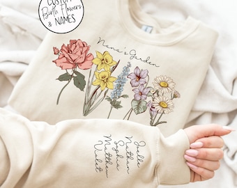 Nana's Garden with Custom Birth Flowers and Names on Sleeve - Mothers Day Gift - Unique Nana Gift - Personalized Birthday Gift- Abuela