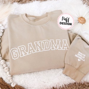 Embossed Grandma UNISEX Sweatshirt Puff Vinyl Nana Sweater With Grandkids Names on Sleeve 3D Puff Vinyl Grandma Christmas Gift image 1