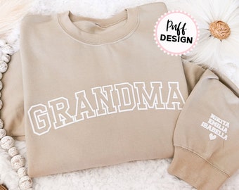 Sweatshirt unisexe grand-mère en relief - pull mamie en vinyle bouffant avec noms de petits-enfants sur la manche - vinyle bouffant 3D - cadeau de Noël de grand-mère