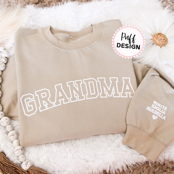 Embossed Grandma UNISEX Sweatshirt - Puff Vinyl Nana Sweater With Grandkids Names on Sleeve - 3D Puff Vinyl - Grandma Christmas Gift