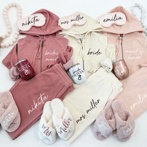 Gift Set for Bride or Bridal Party with Title, Name, Date - Bridal Shower or Bridal Proposal Gift - Zip Up Sweatshirt with Joggers or Shorts