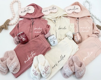 Gift Set for Bride or Bridal Party with Title, Name, Date - Bridal Shower or Bridal Proposal Gift - Zip Up Sweatshirt with Joggers or Shorts