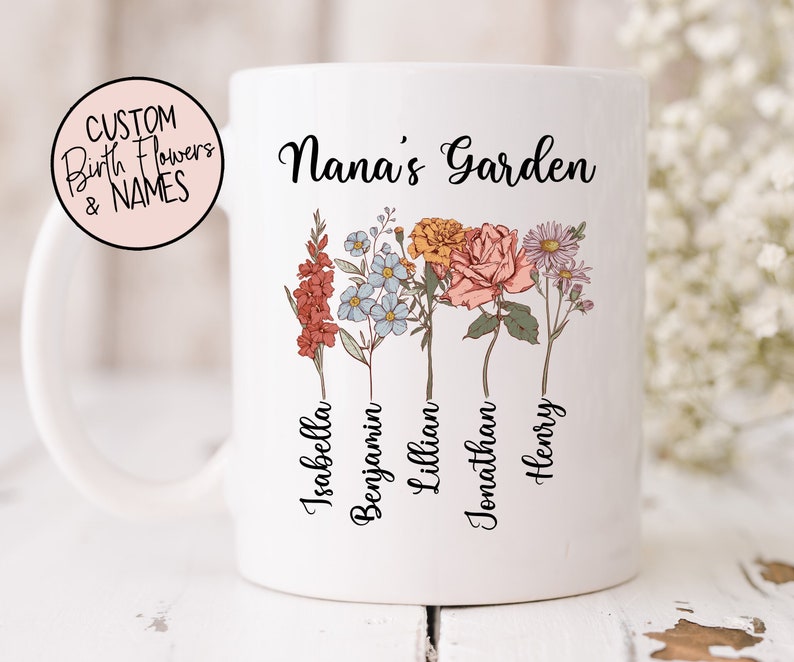 Grandma's Garden Mug with Personalized Birth Flowers Grandma Birthday Gift 11 oz and 15oz. Mugs Custom Title Mothers Day Gift image 2