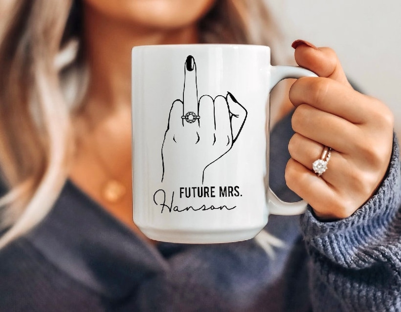 Personalized Future Mrs Mug Ring Finger Mug Engagement Gift Bride To Be Bridal Shower Gift Weddding Mug Custom Name Fiance Mug image 1