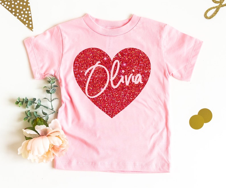 Kid's Valentine Outfit - Personalized Valentine's Tee With Heart - girls valentines day shirt - name valentine's gift  glitter heart 