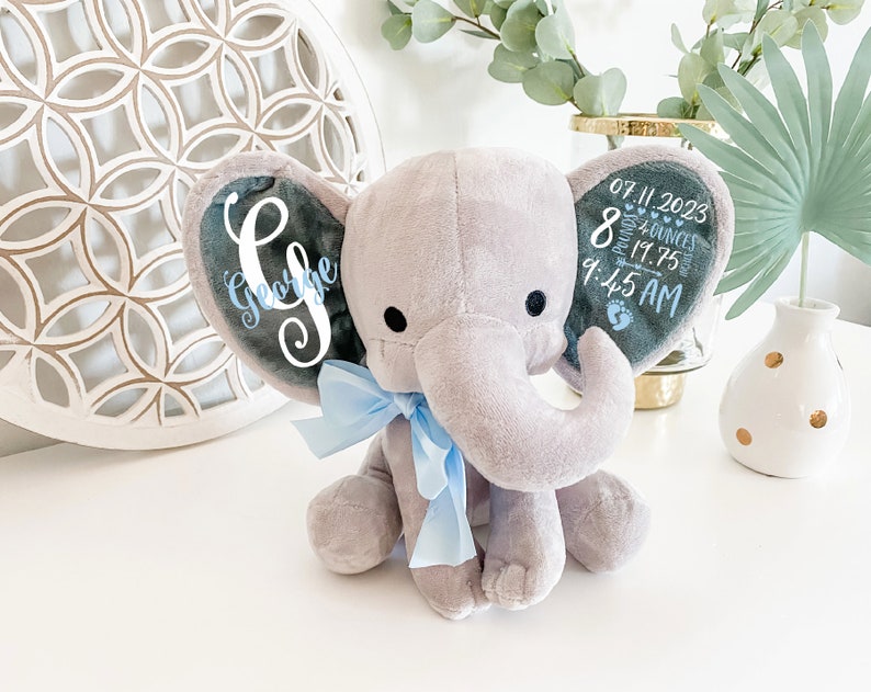 Birth Announcement Gift for Baby, Elephant Stuffed Animal Personalized Name Newborn Gift, Baby Keepsake with Birth Stats, Baby Shower Gift image 2