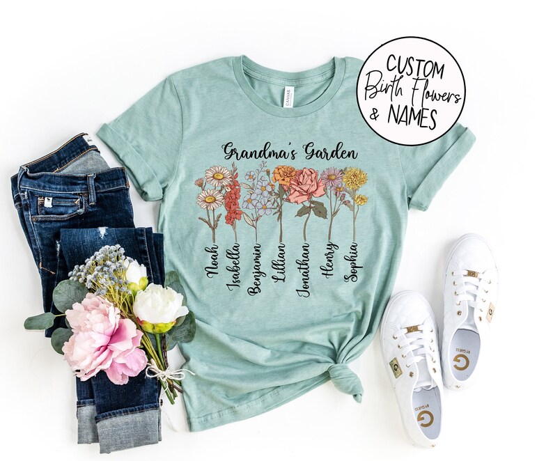 Grandma Shirt with Custom Birth Flowers and Names Mothers Day Gift Unique Grandma Gift Personalized Birthday Gift Grandchildren image 1