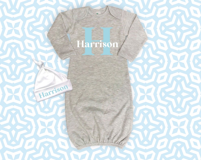 Baby Boy Coming Home Outfit, Custom Name Baby Gown, Baby Shower Gift, Personalized Newborn Boys Clothes, Monogrammed Baby Hat With Name image 2
