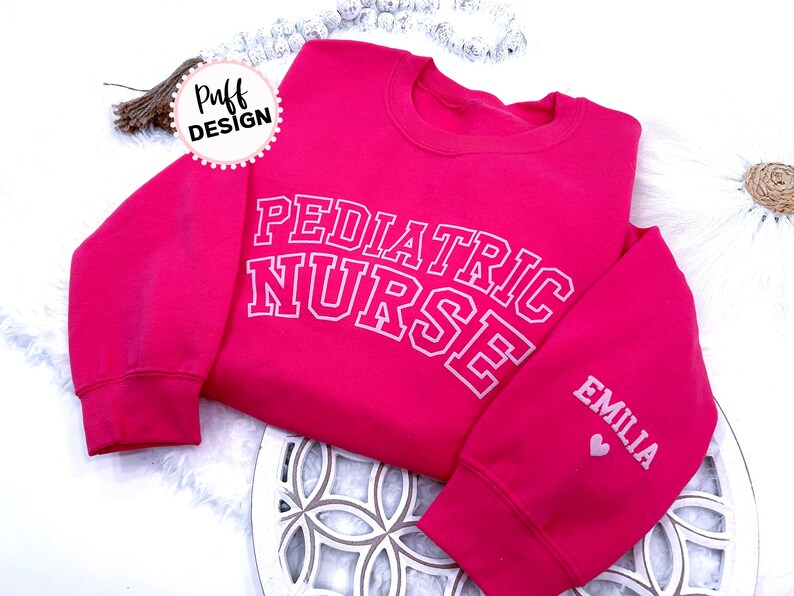 Embossed Nurse UNISEX Sweatshirt Puff Vinyl Custom Nurse Sweater With Personalized Name on Sleeve 3D Puff Vinyl Nurse Gift image 2