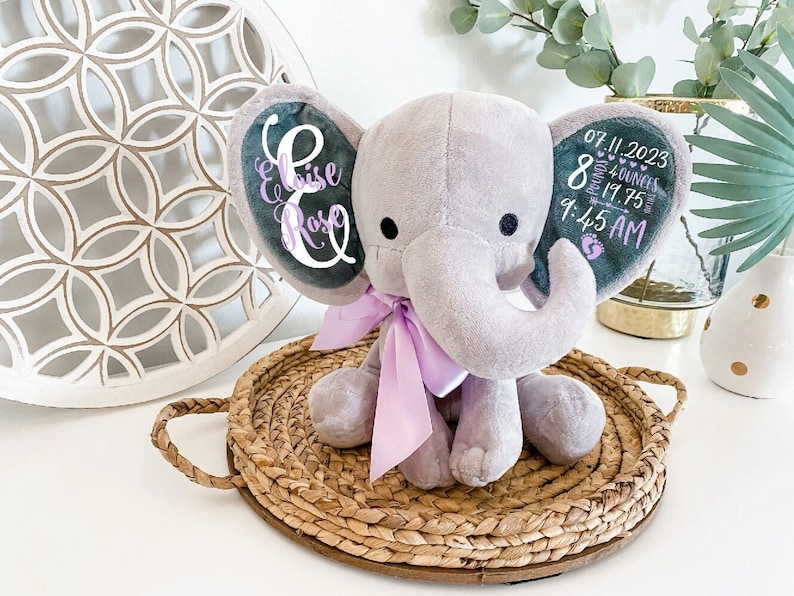 Birth Announcement Gift for Baby, Elephant Stuffed Animal Personalized Name Newborn Gift, Baby Keepsake with Birth Stats, Baby Shower Gift image 1