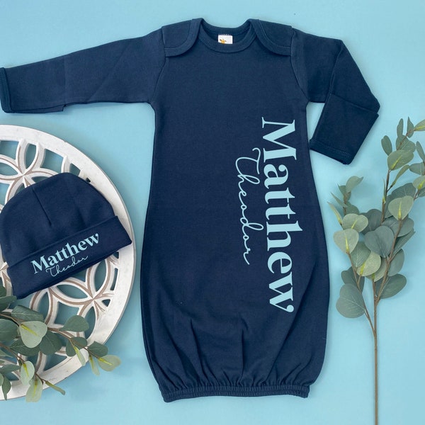 New Baby Gift - Babygown with Hat Option - Baby Boy Coming Home Outfit - Peronsalized Name Baby Shower Gift - Navy Baby Boy Outfit -Monogram