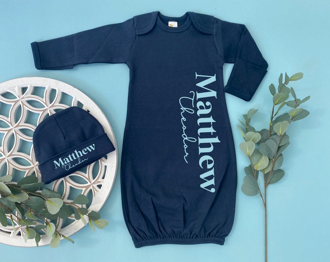 Personalized Embroidered Baby Boy Gown, Hat, and Burp Cloth Set