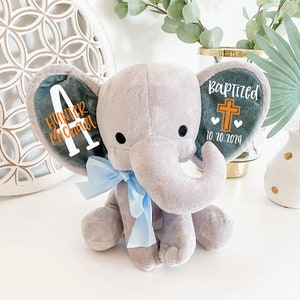 Baby Boy Baptism Stuffed Elephant Keepsake Gift Gift From Godparents Personalized Christening Gift Blessing Monogram Dedication Gift image 2