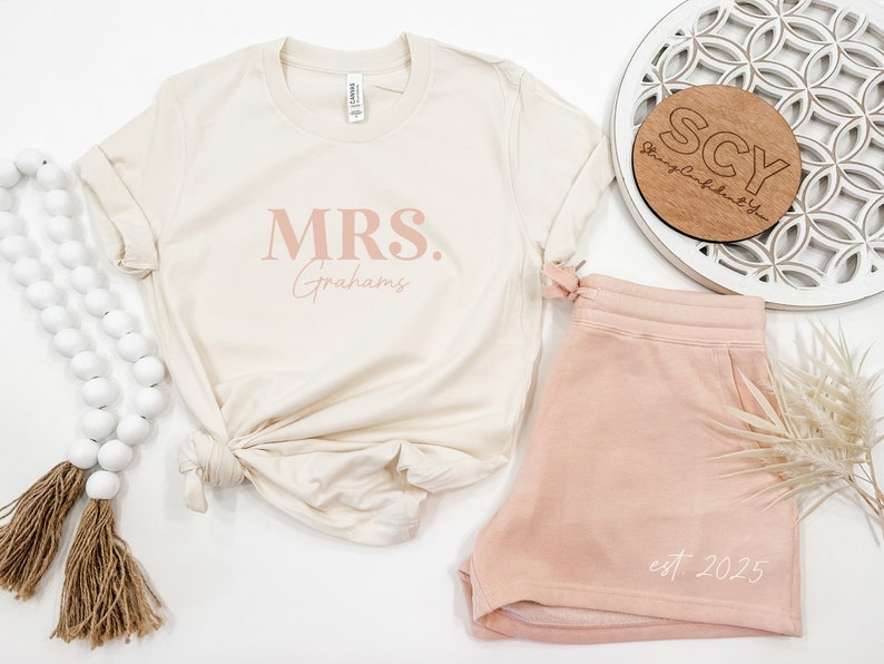 Mrs. Pj Set Shorts or Joggers matching Set Lounge Outfit New Date and Name Soft Sweatpants Unique Bridal Shower Gift Wedding Morning image 2