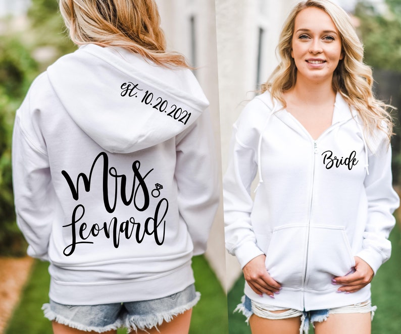 Mrs Bride Hoodie Wedding Jacket Sweatshirt Bridal Shower Gift Honeymoon Sweatshirt Elegant Bridal Sweatshirt Bride Zip Up Mrs image 1